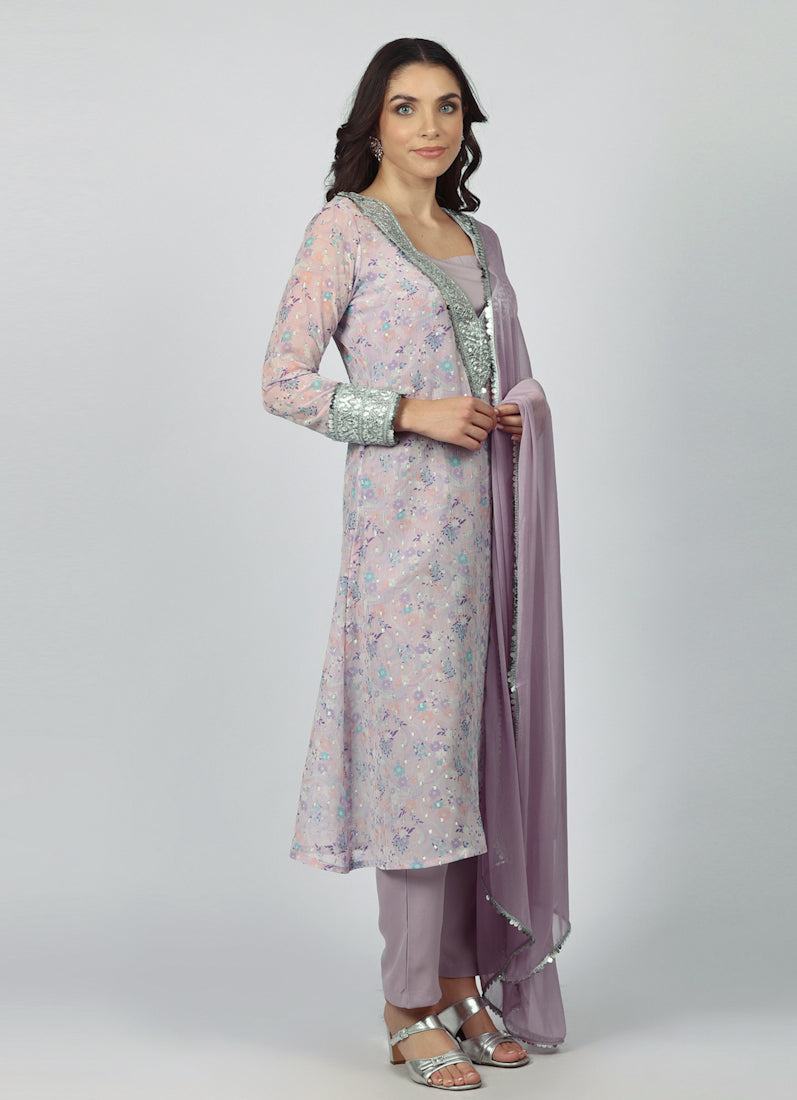 Lavendar Georgette A-line Suit Set