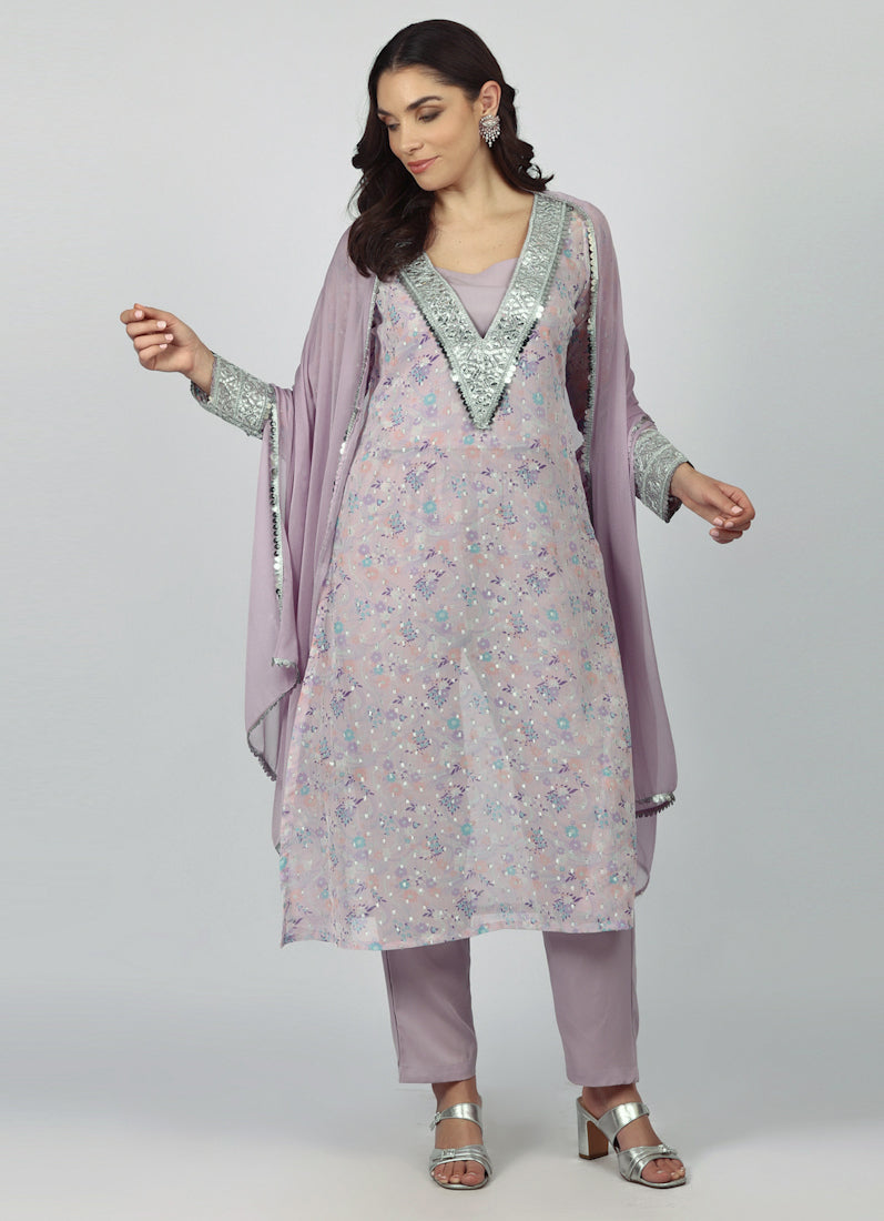 Lavendar Georgette A-line Suit Set