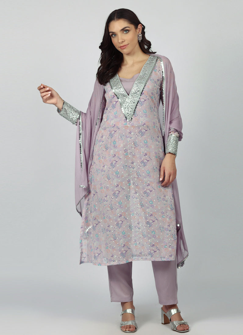 Lavendar Georgette A-line Suit Set