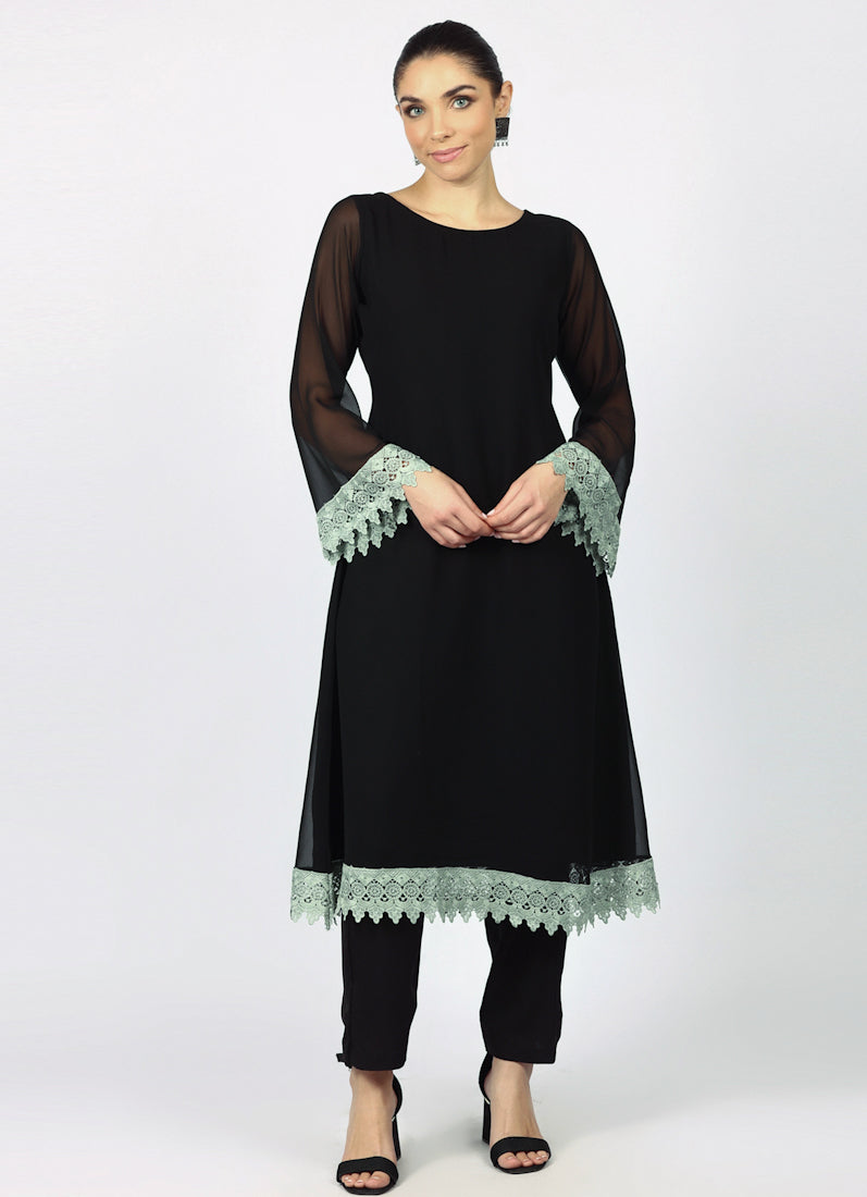 Black Georgette Printed Dupatta Suit Set