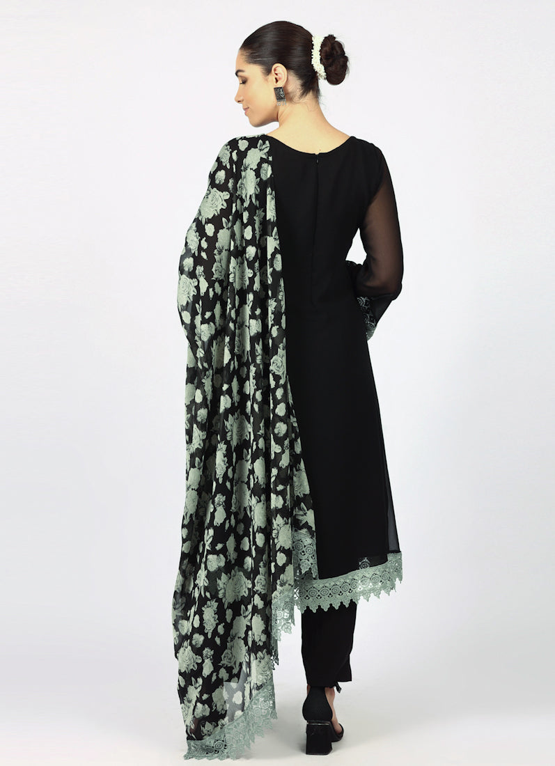 Black Georgette Printed Dupatta Suit Set