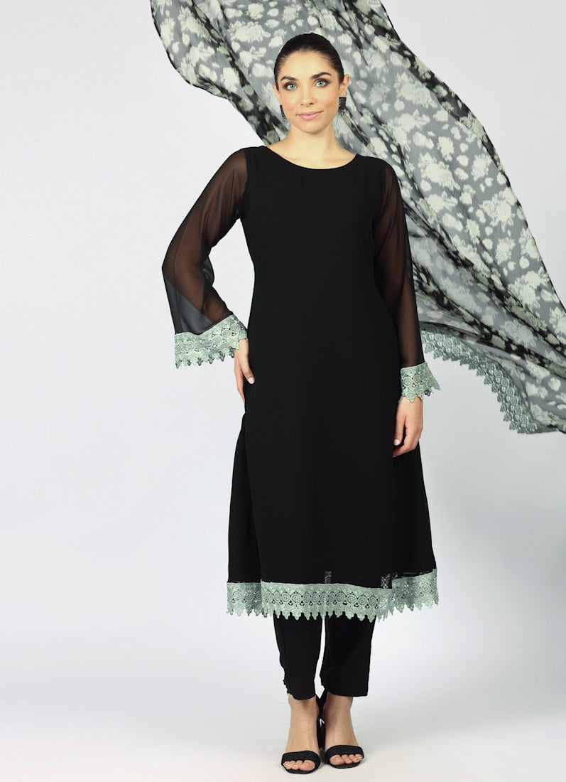 Black Georgette Printed Dupatta Suit Set