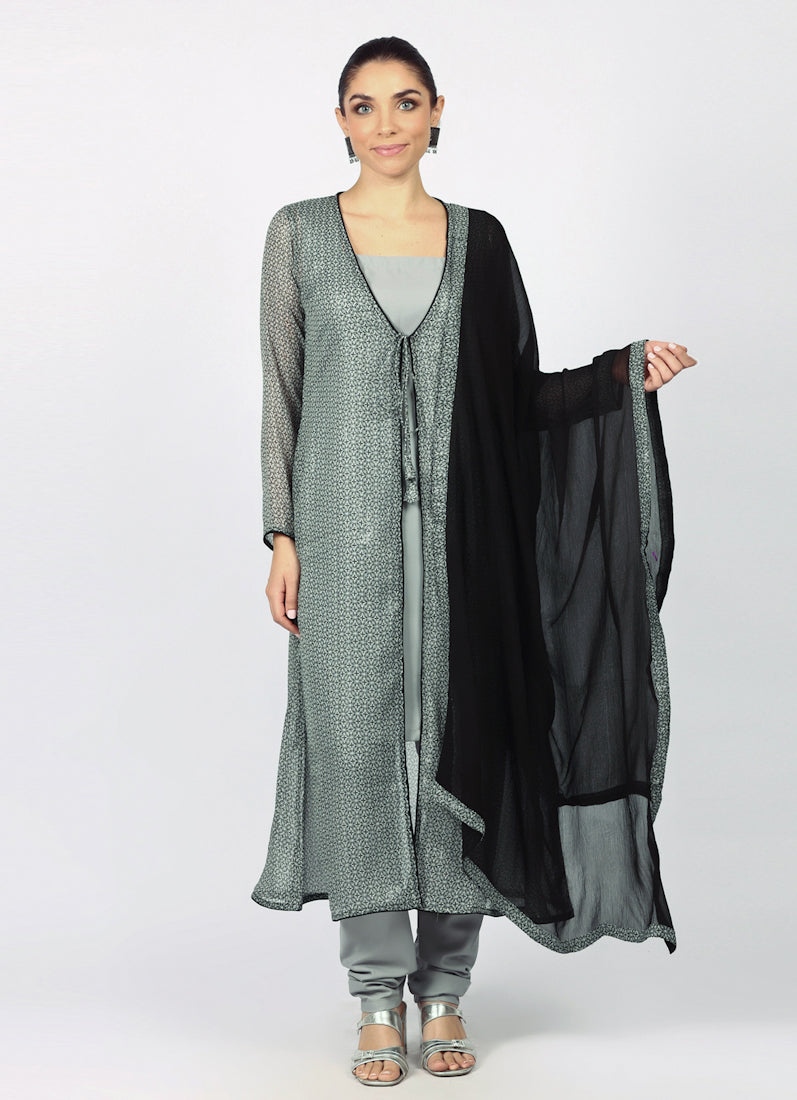 Grey Chiffion Printed Jacket Style Suit Set