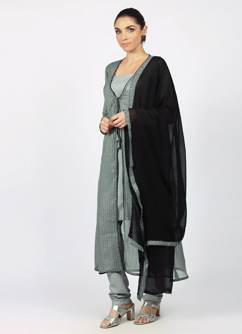 Grey Chiffion Printed Jacket Style Suit Set