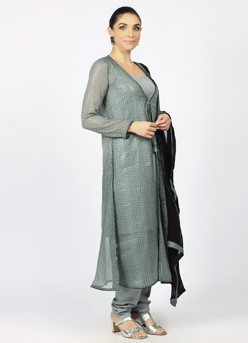 Grey Chiffion Printed Jacket Style Suit Set