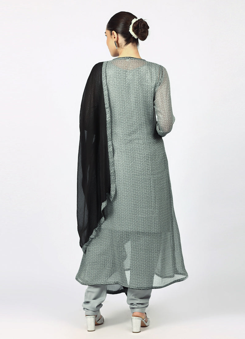 Grey Chiffion Printed Jacket Style Suit Set