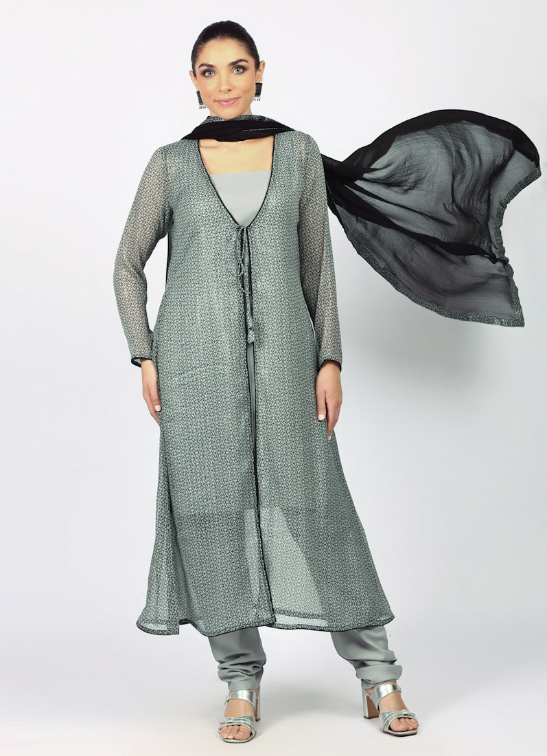 Grey Chiffion Printed Jacket Style Suit Set