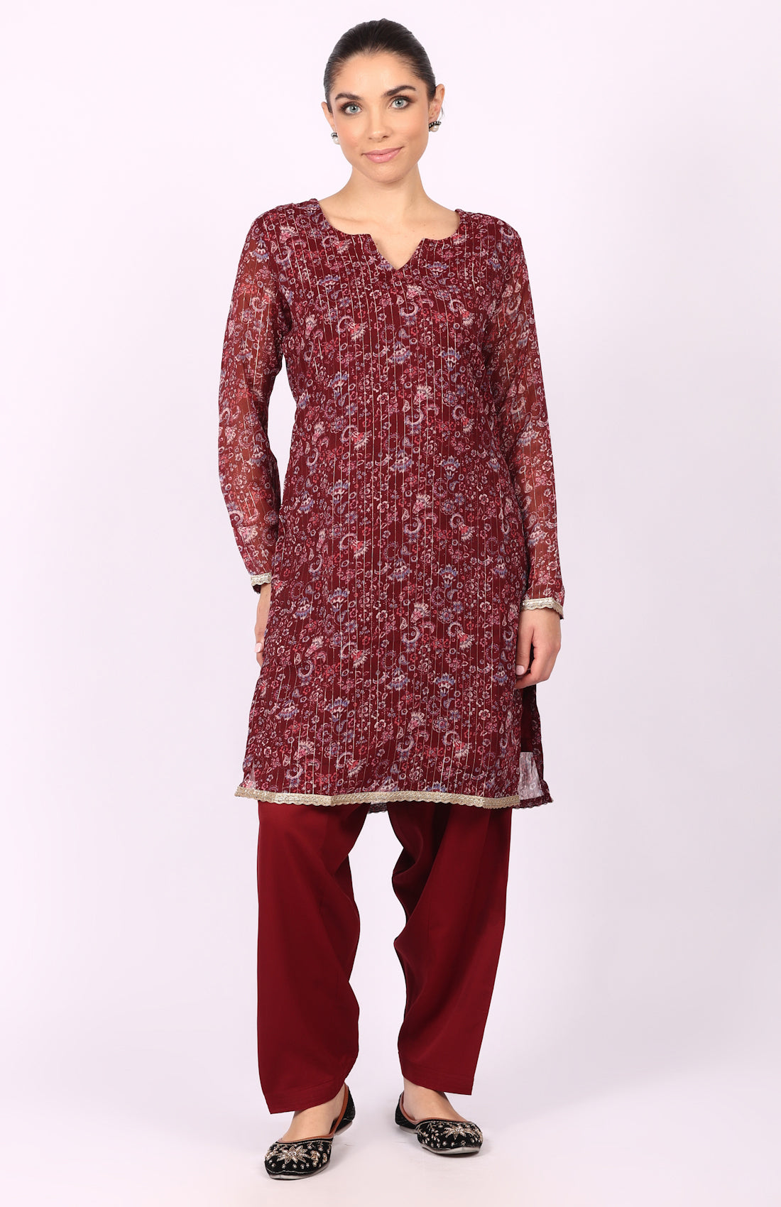 Wine Georgette Lurex Shift Suit Set