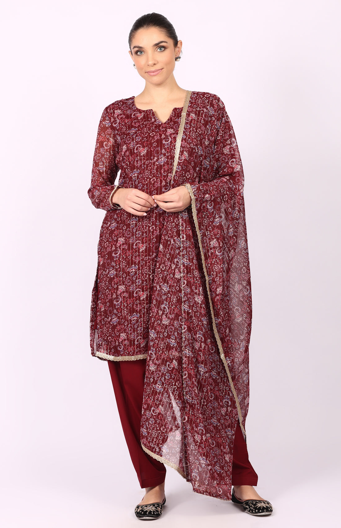 Wine Georgette Lurex Shift Suit Set