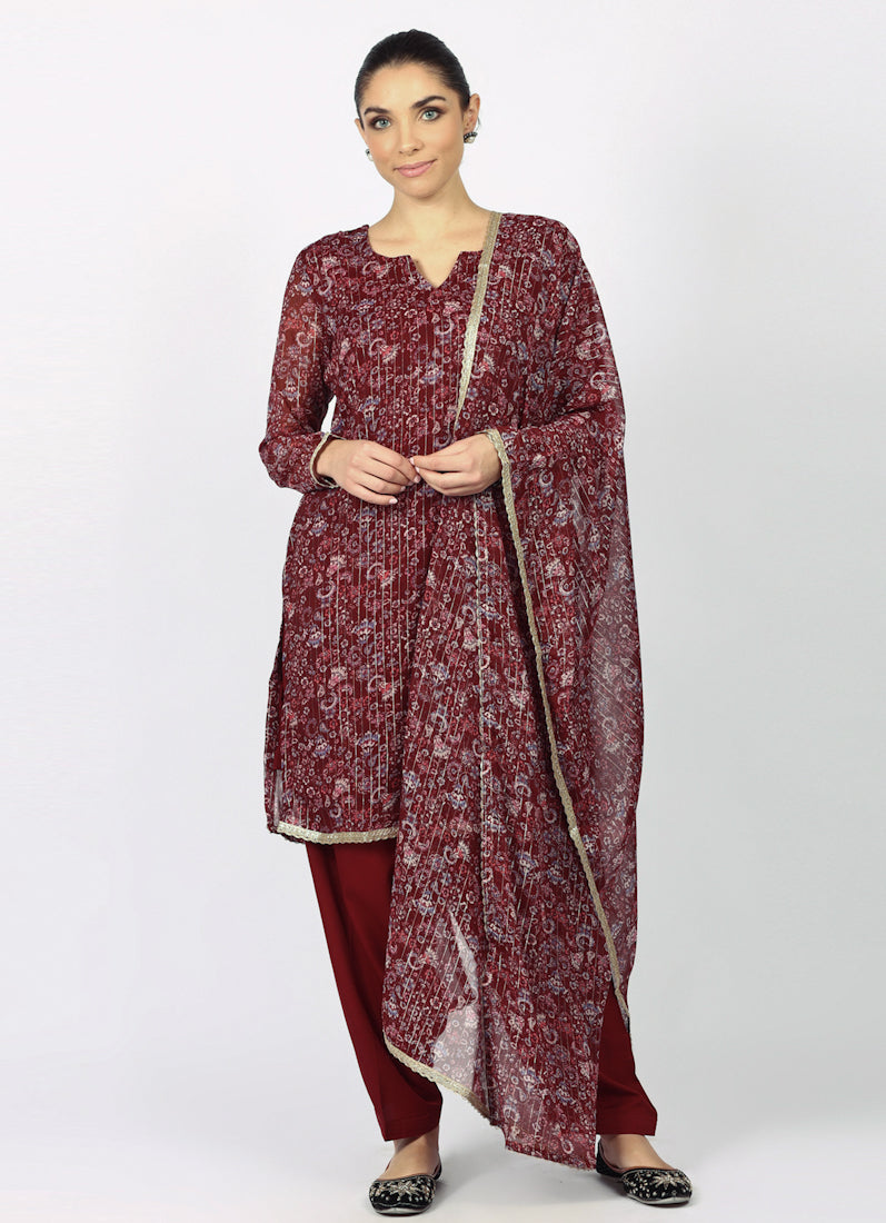 Wine Georgette Lurex Shift Suit Set
