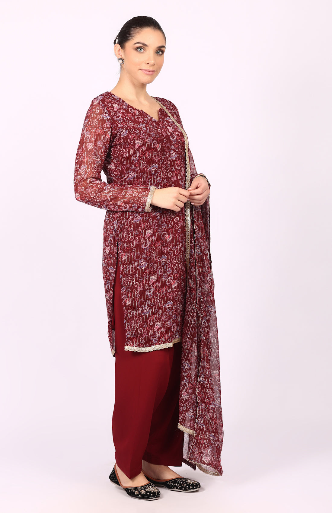 Wine Georgette Lurex Shift Suit Set