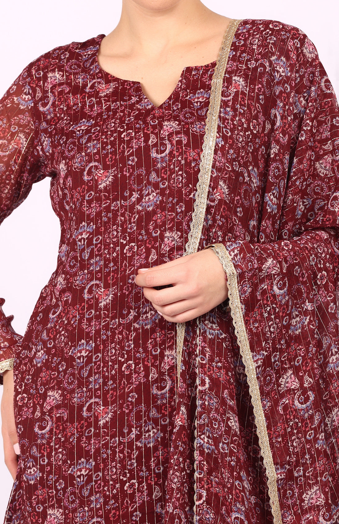 Wine Georgette Lurex Shift Suit Set