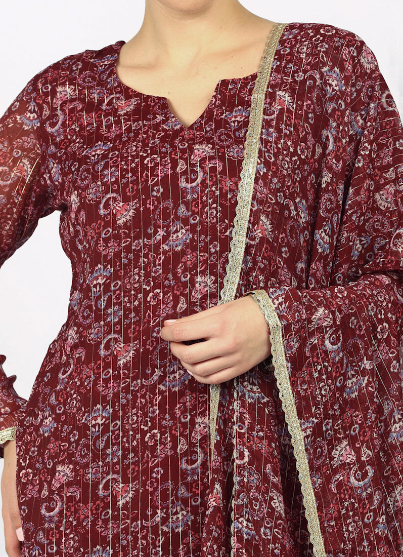 Wine Georgette Lurex Shift Suit Set
