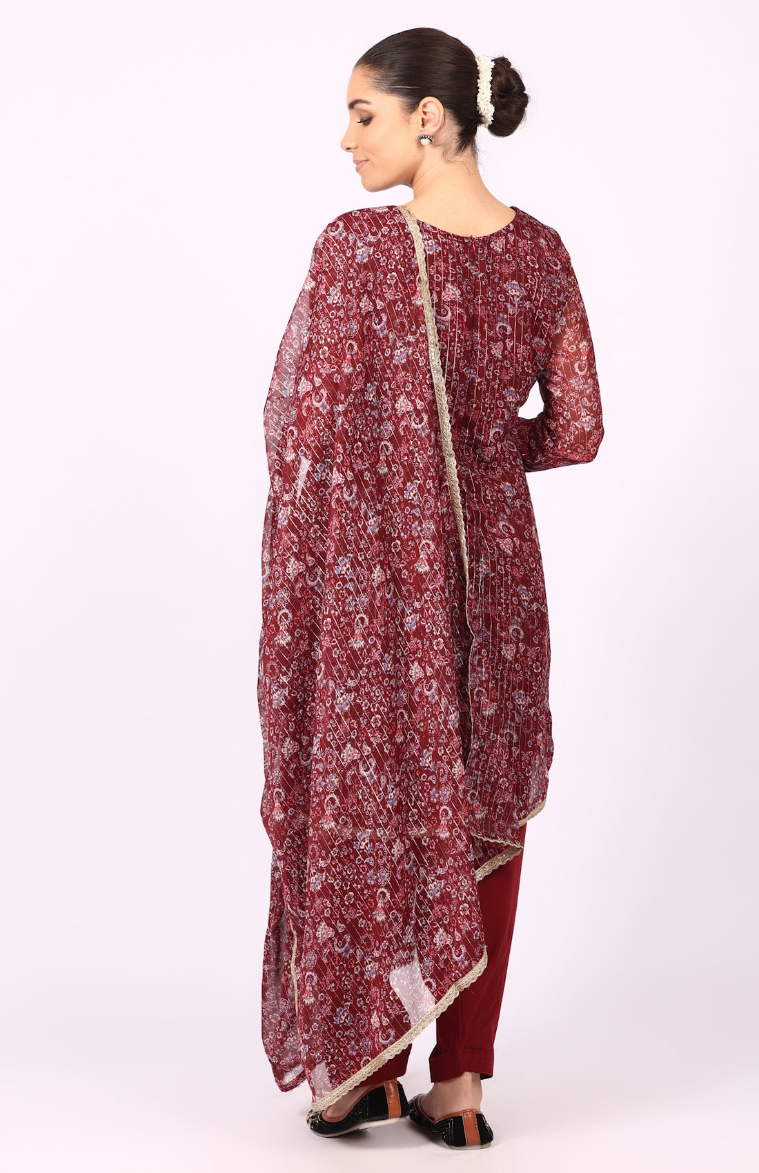 Wine Georgette Lurex Shift Suit Set