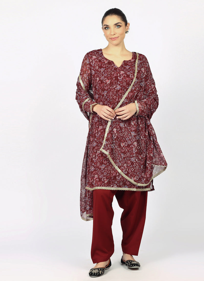 Wine Georgette Lurex Shift Suit Set
