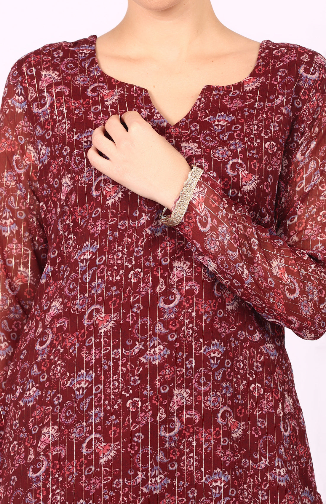 Wine Georgette Lurex Shift Suit Set