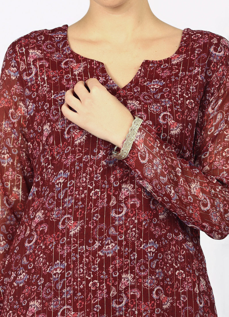 Wine Georgette Lurex Shift Suit Set