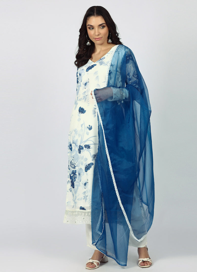 Georgette Printed White Suit Set