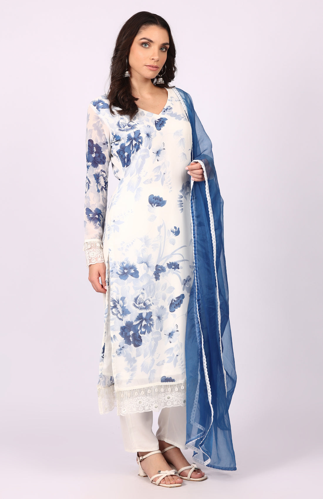 Georgette Printed White   Suit Set