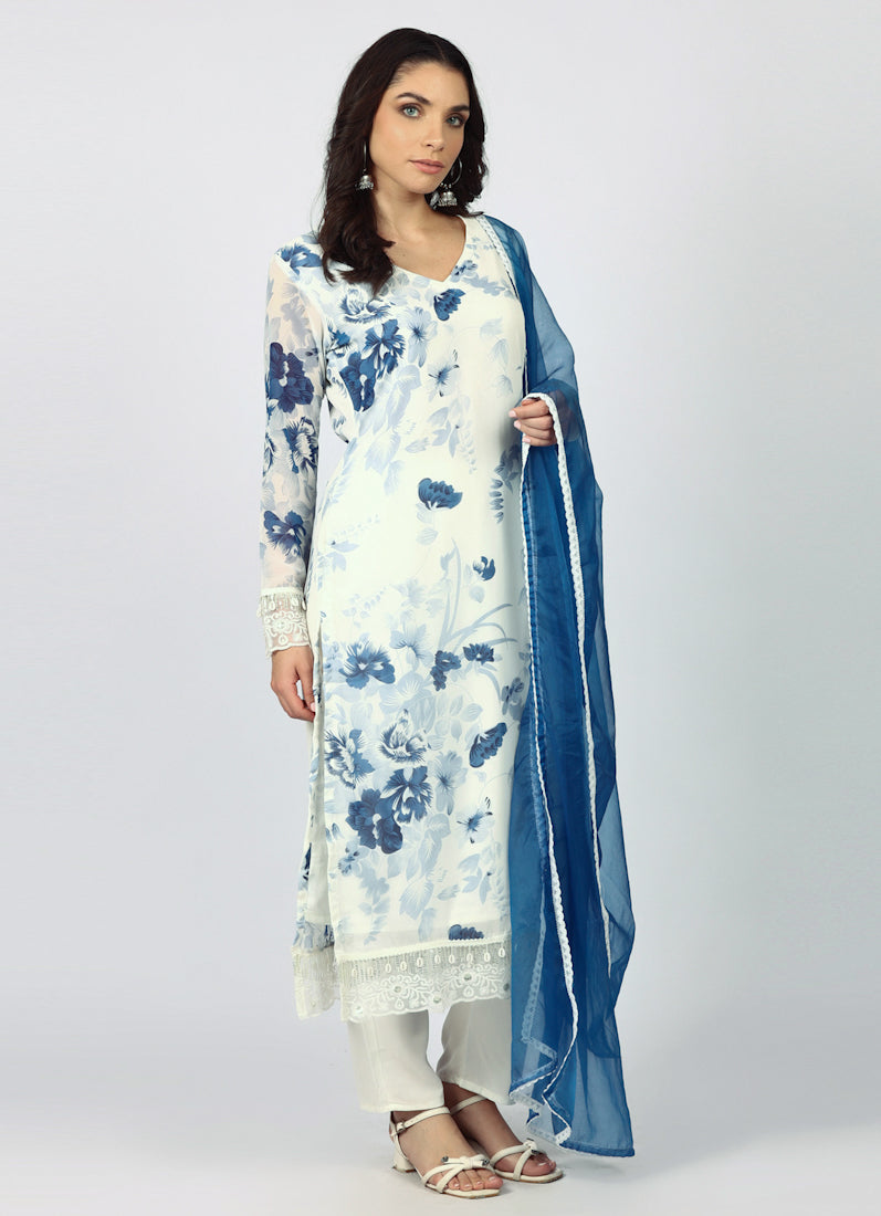 Georgette Printed White Suit Set