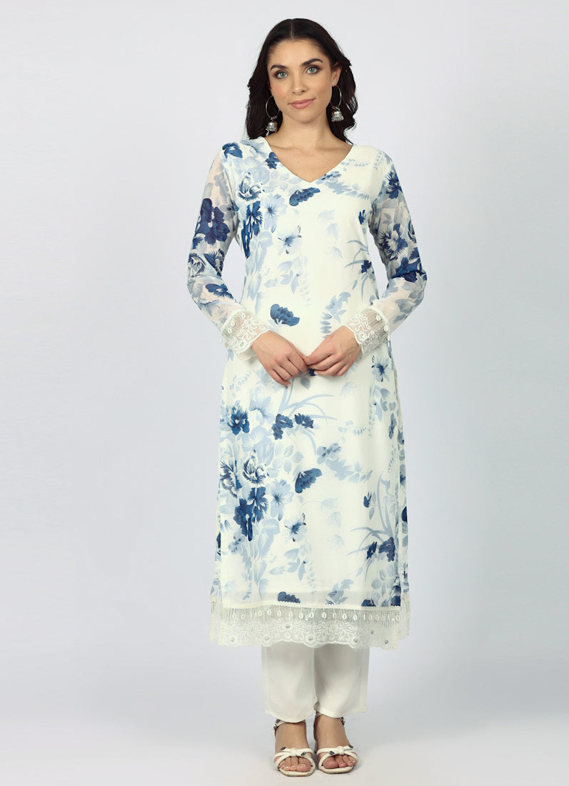 Georgette Printed White Suit Set