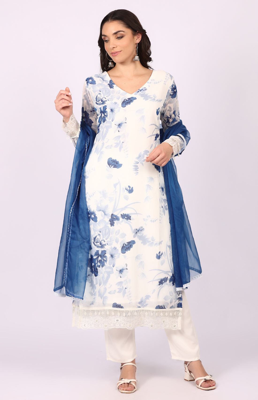 Georgette Printed White   Suit Set