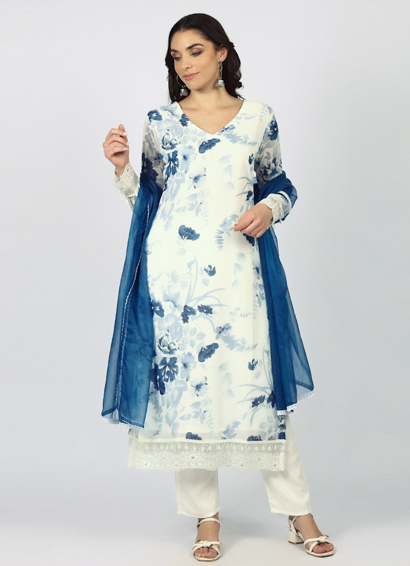 Georgette Printed White Suit Set