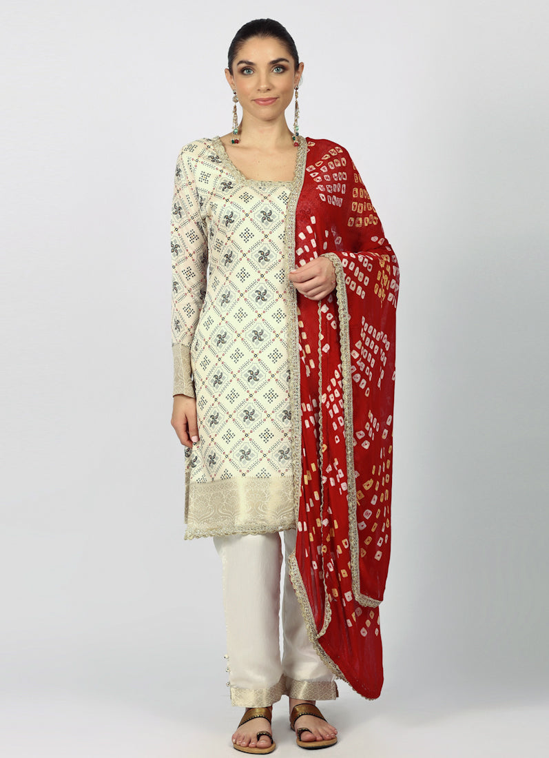 Ivory Silk Bandhani Printed Suit Set