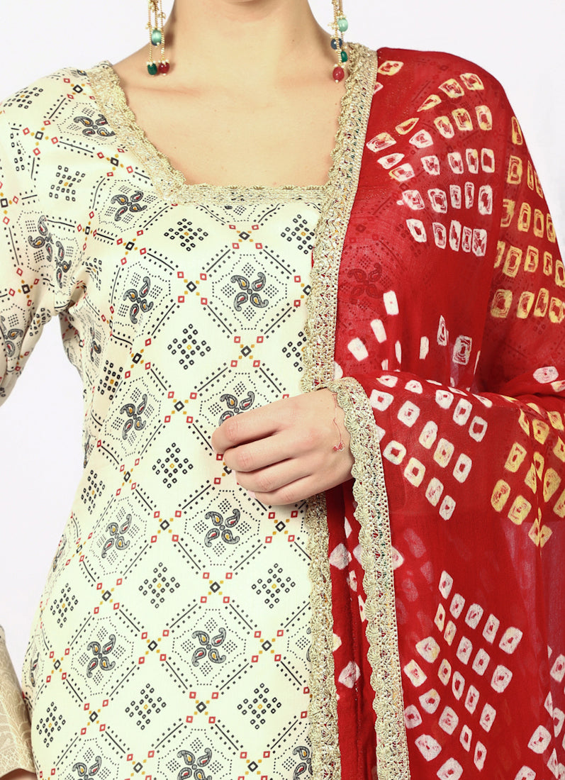 Ivory Silk Bandhani Printed Suit Set