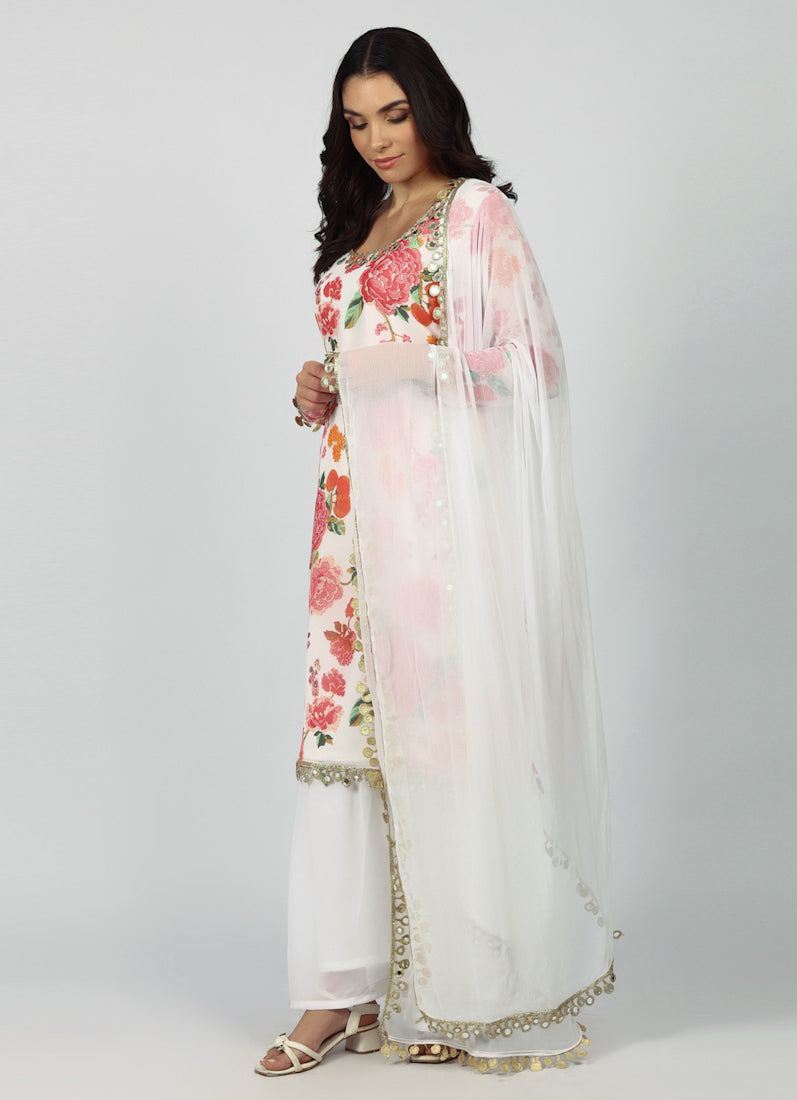 White Georgette Floral Printed Suit Set
