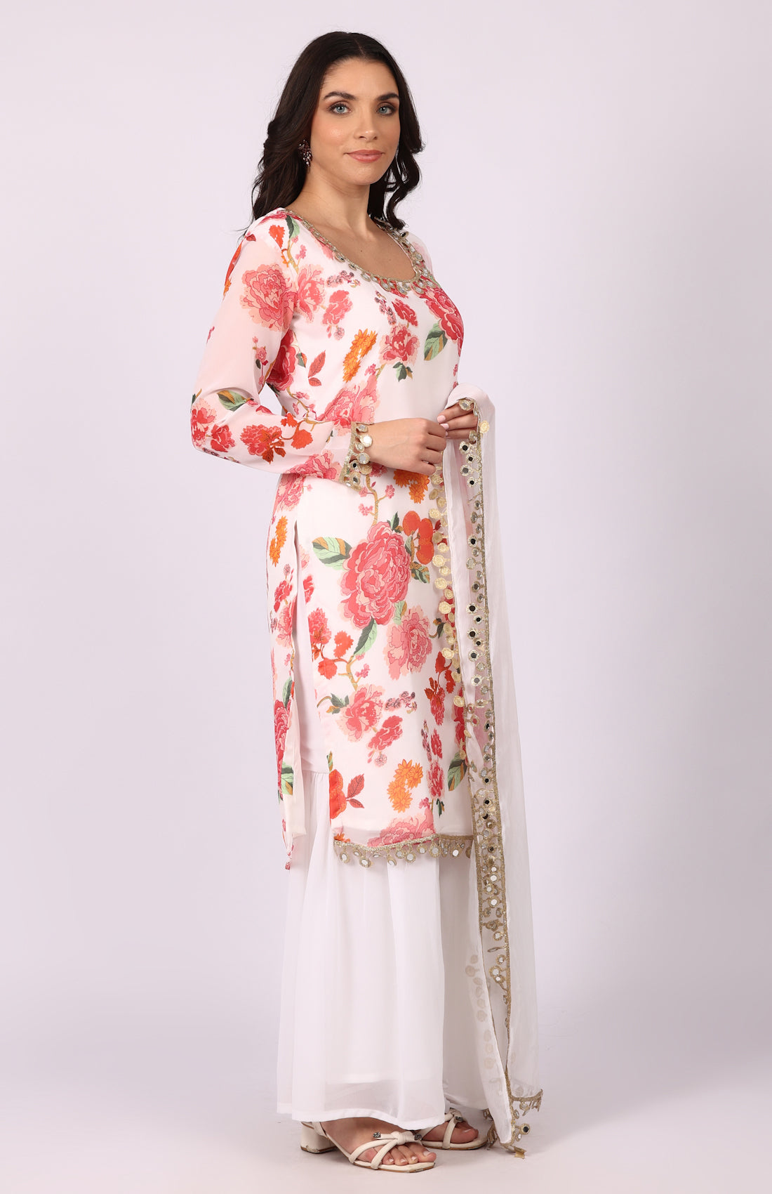 White Georgette Floral Printed Suit Set