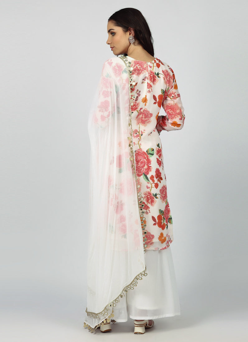 White Georgette Floral Printed Suit Set