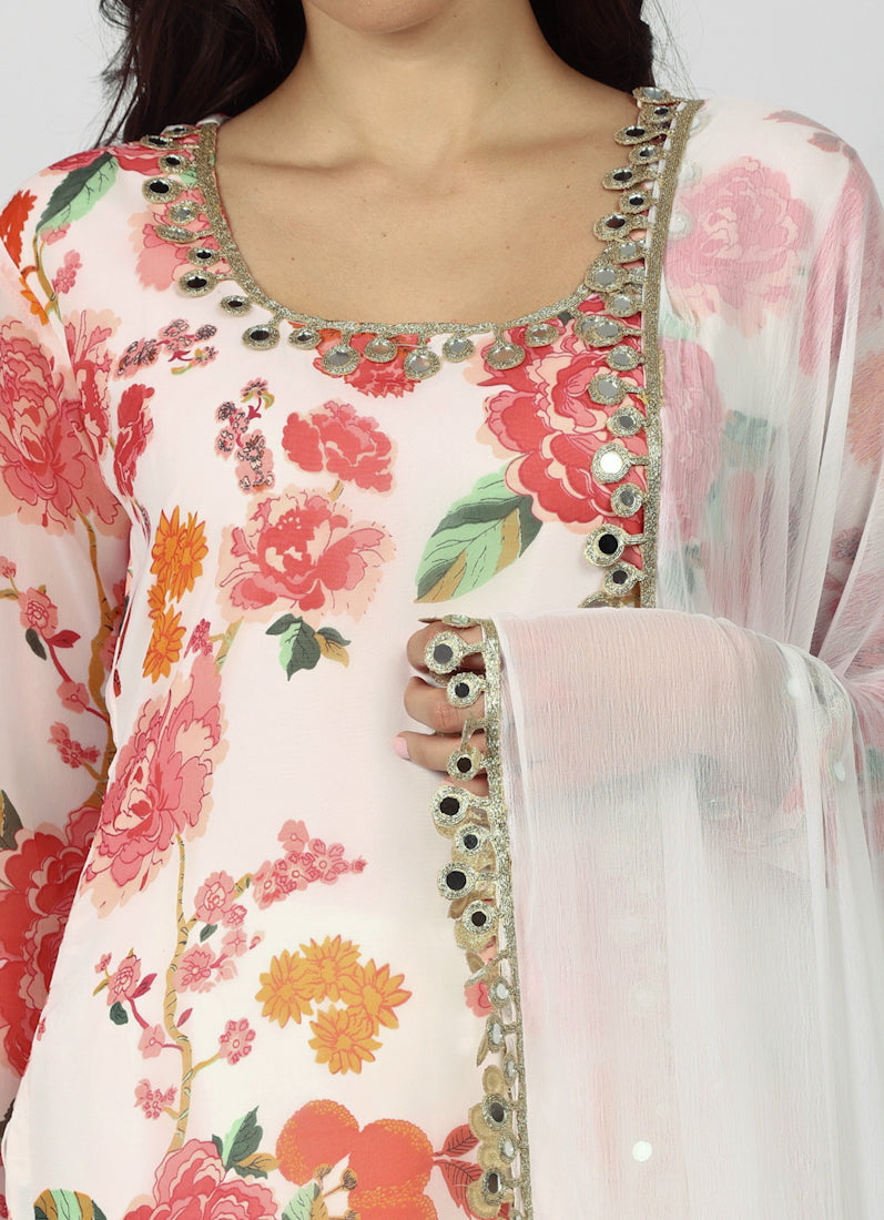 White Georgette Floral Printed Suit Set