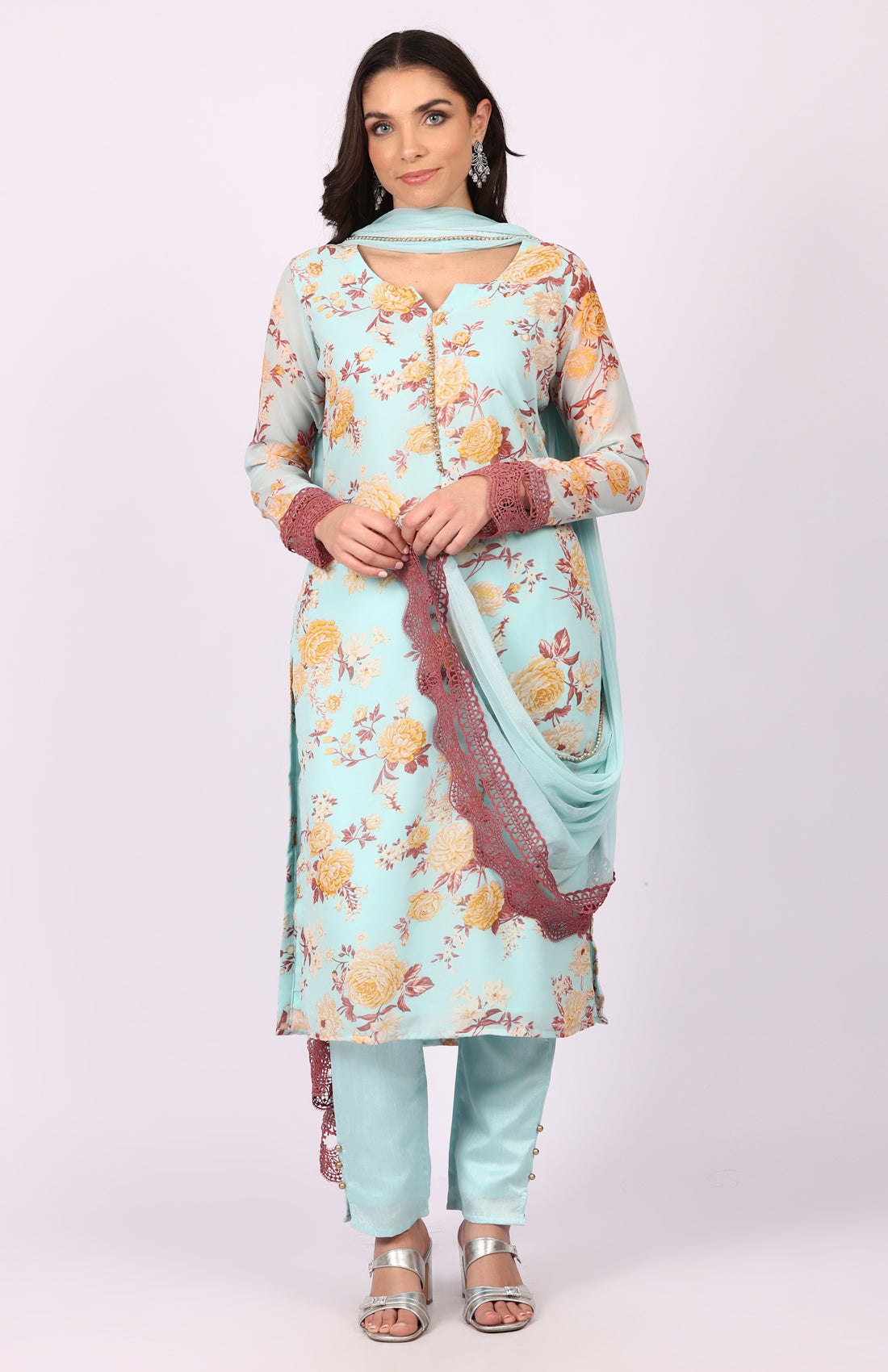 Blue Georgette Floral Printed Suit Set