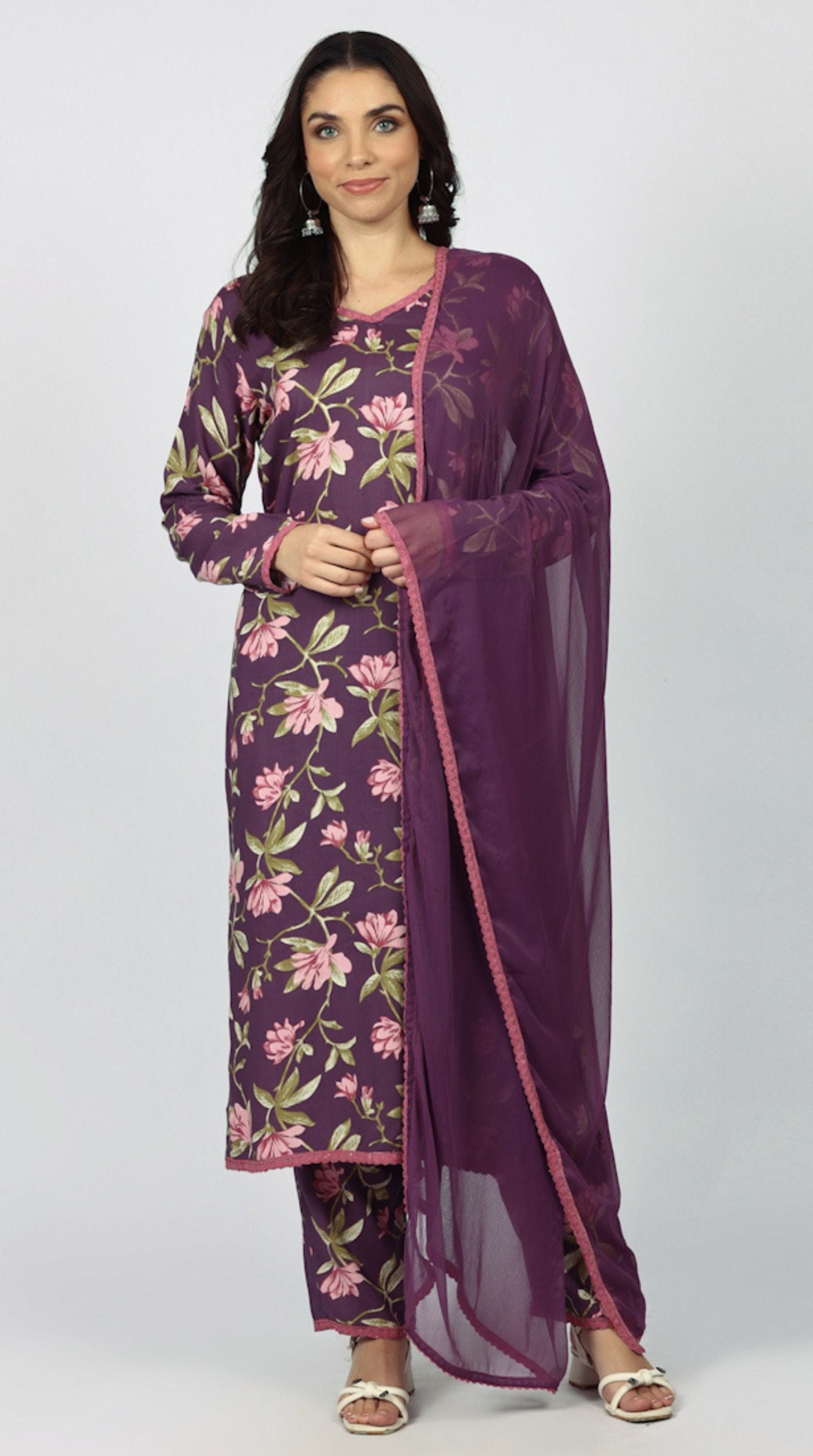 Purple Rayon Floral Printed Suit Set