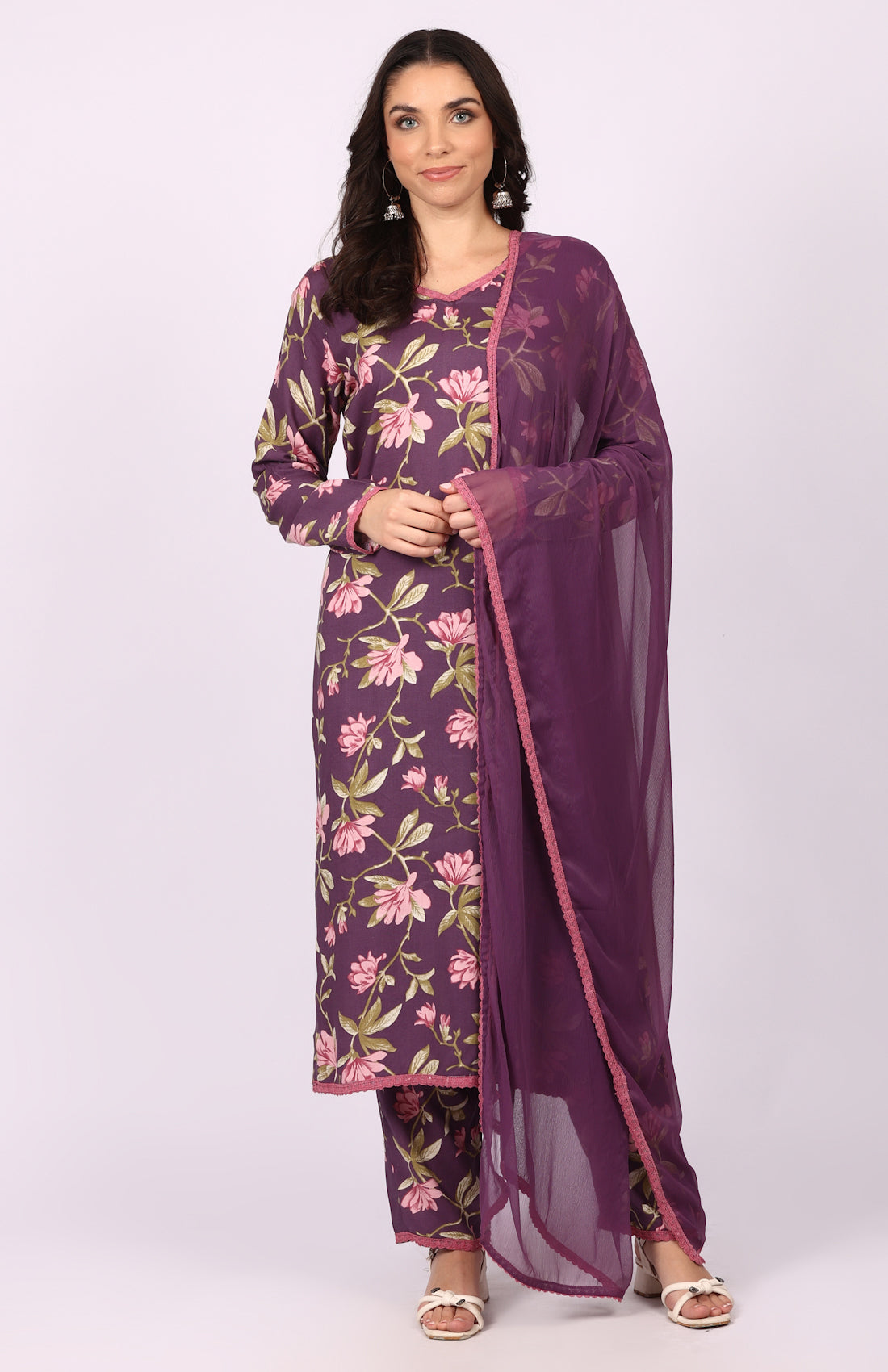 Purple Rayon Floral Printed Suit Set
