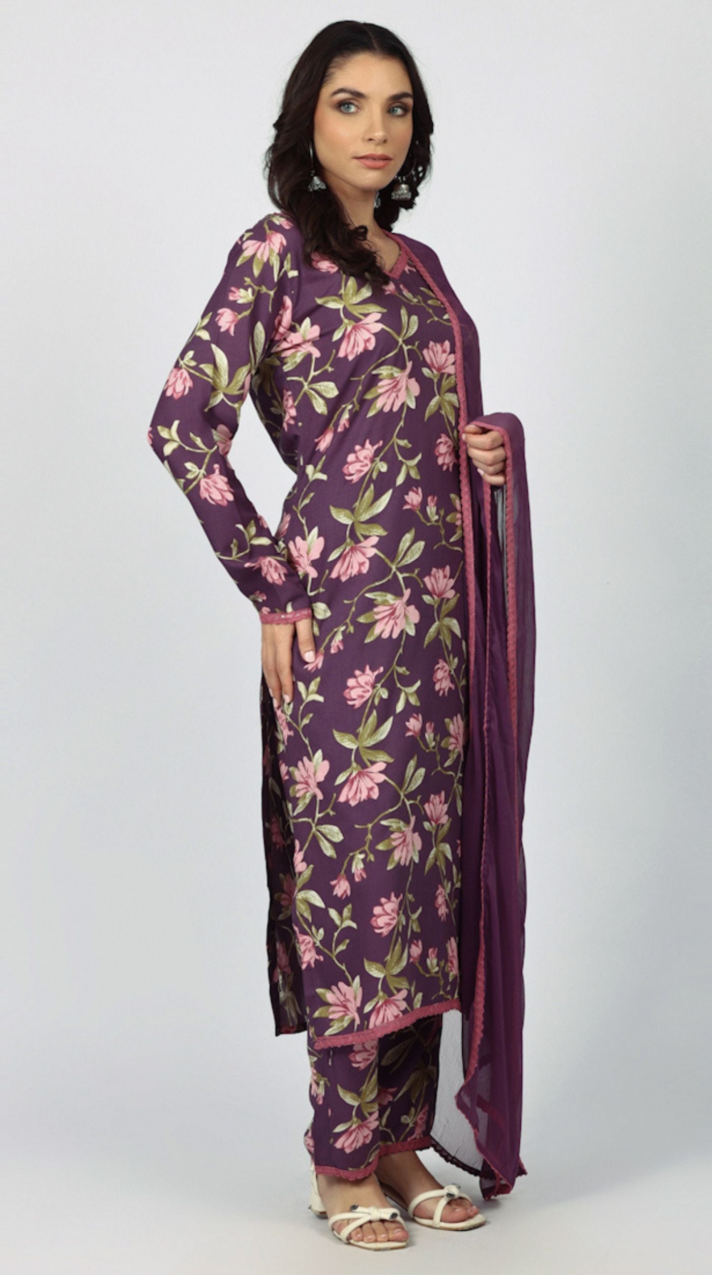Purple Rayon Floral Printed Suit Set