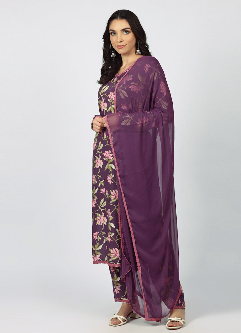 Purple Rayon Floral Printed Suit Set