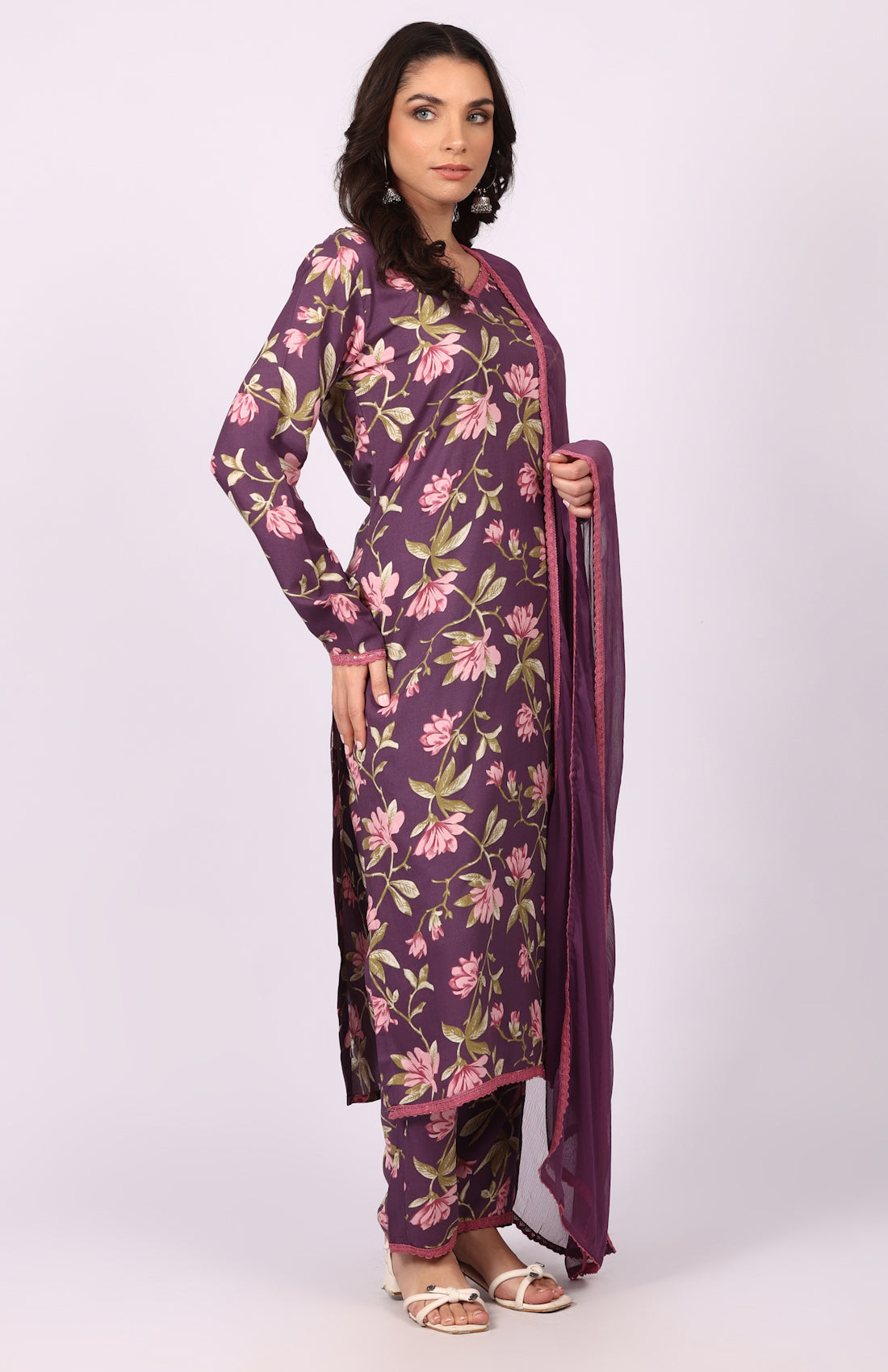 Purple Rayon Floral Printed Suit Set