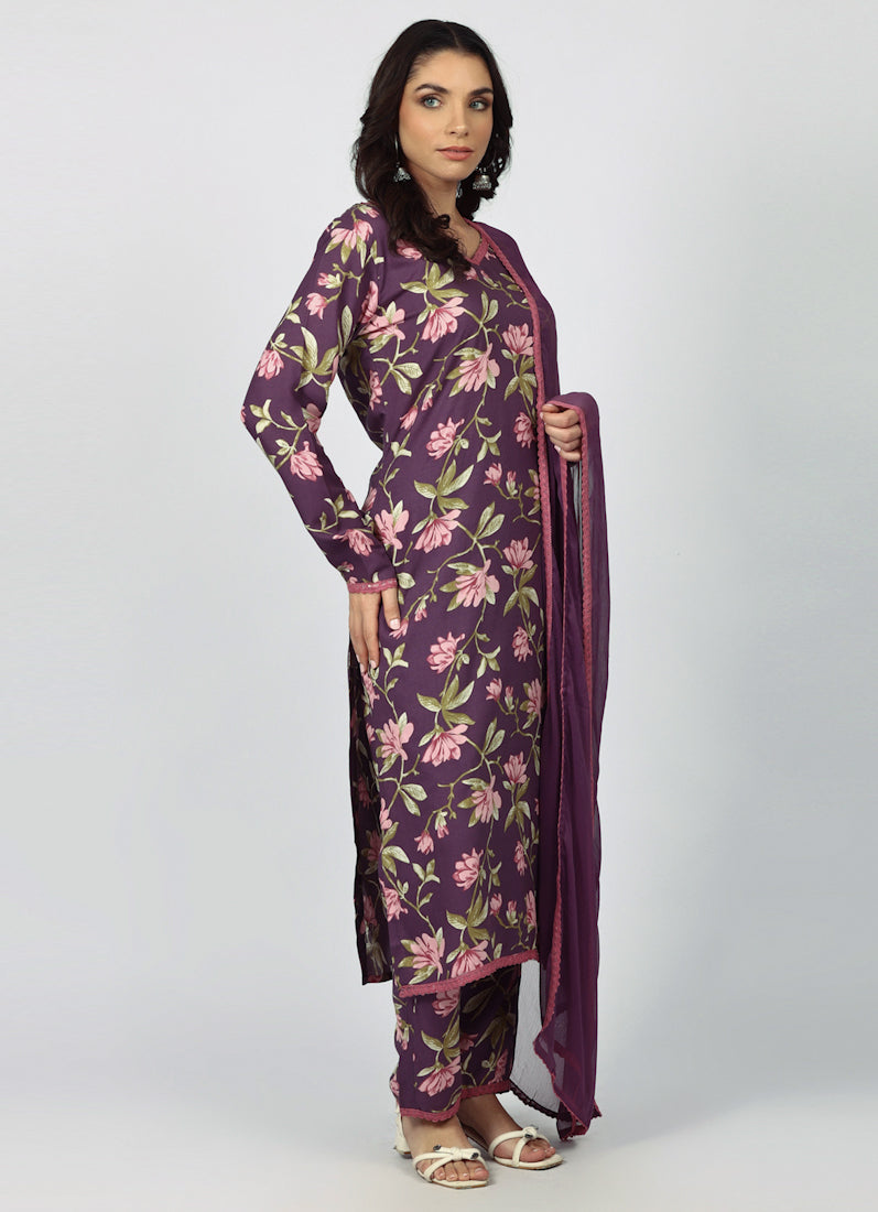 Purple Rayon Floral Printed Suit Set