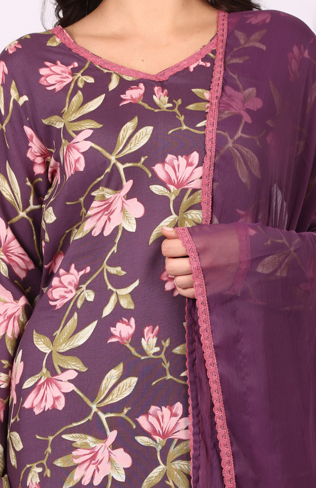 Purple Rayon Floral Printed Suit Set