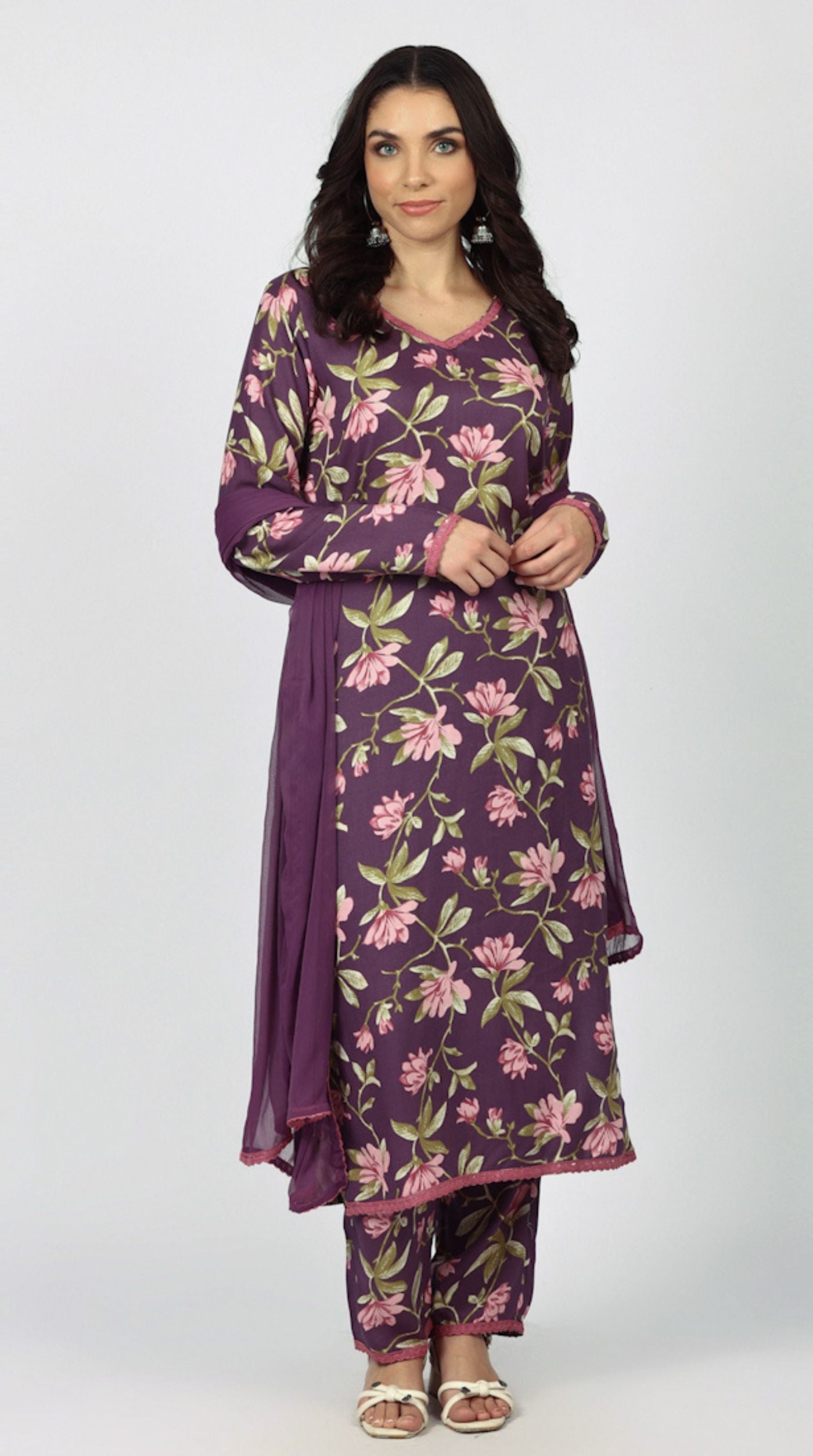 Purple Rayon Floral Printed Suit Set