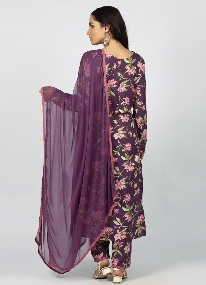 Purple Rayon Floral Printed Suit Set