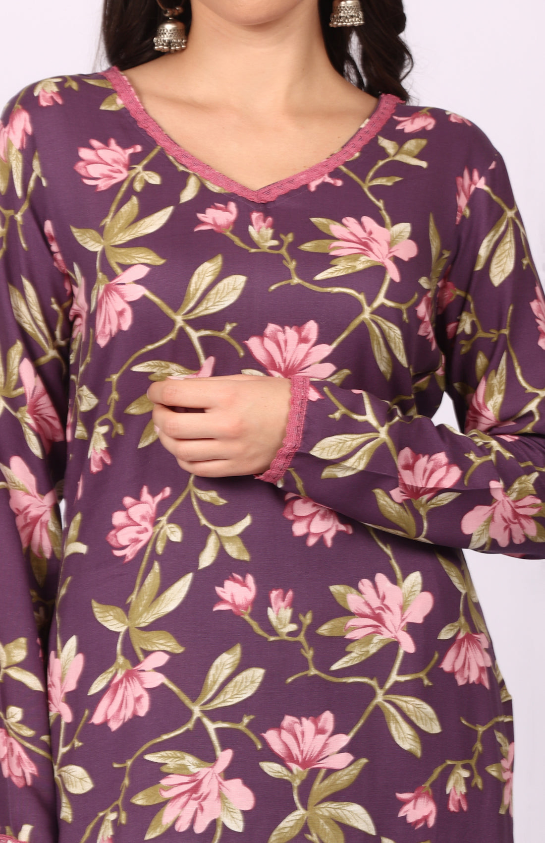 Purple Rayon Floral Printed Suit Set