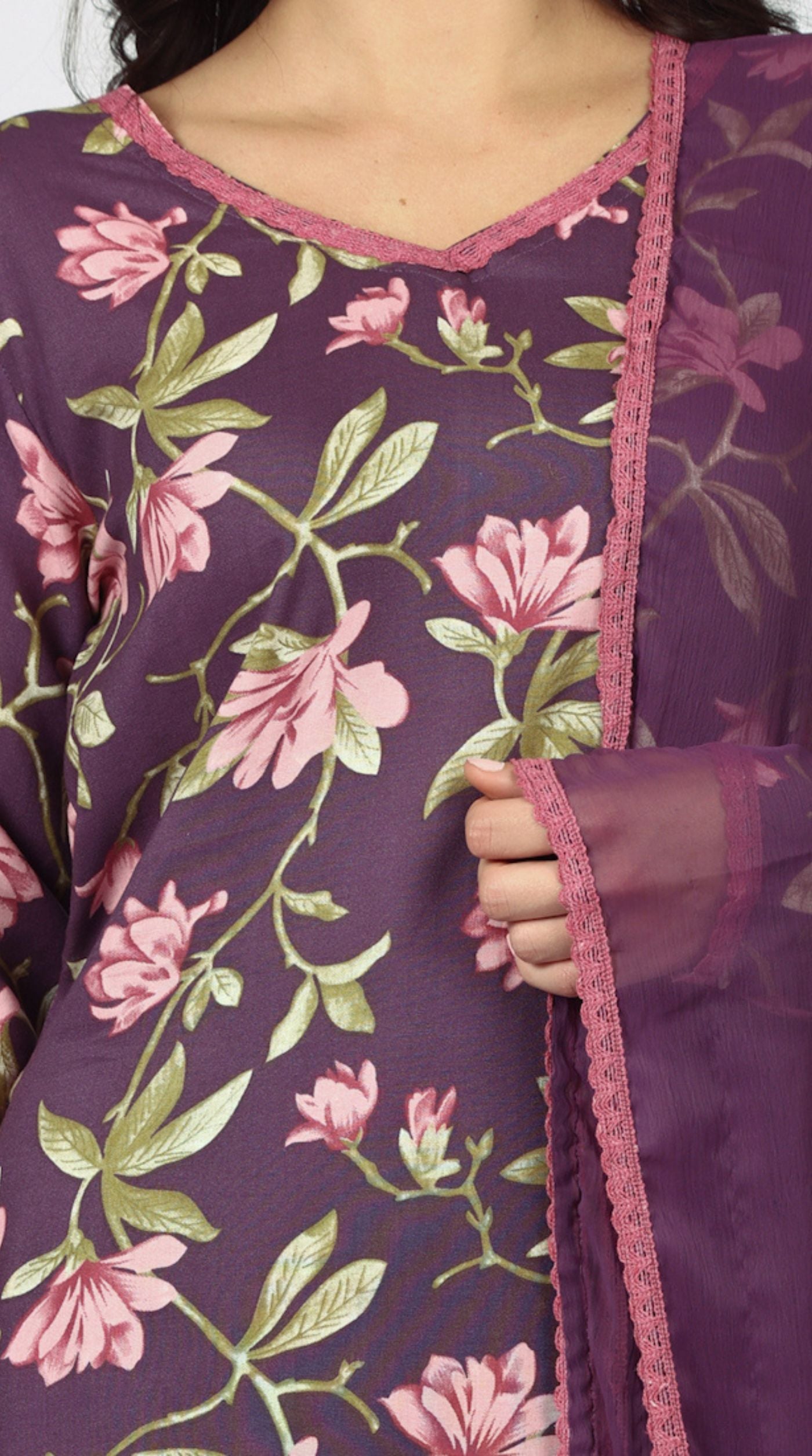Purple Rayon Floral Printed Suit Set