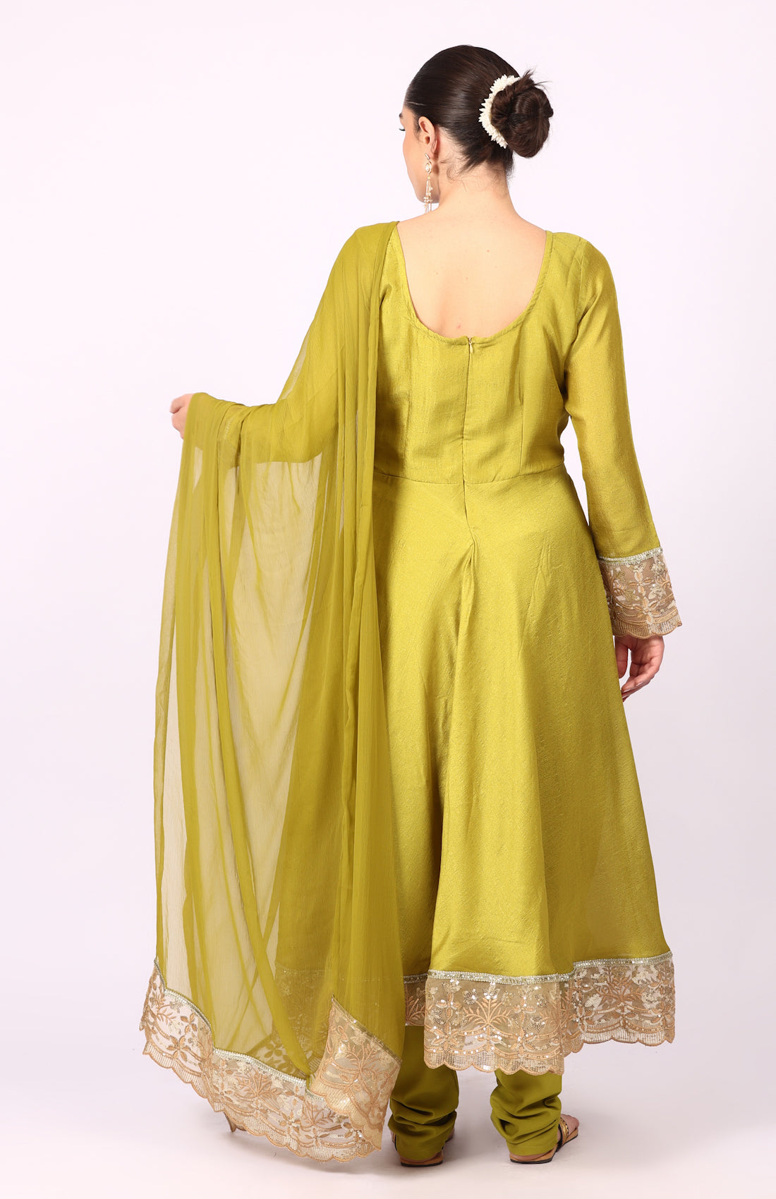 Mehendi Green Georgette Vichitra Bias Cut Suit Set