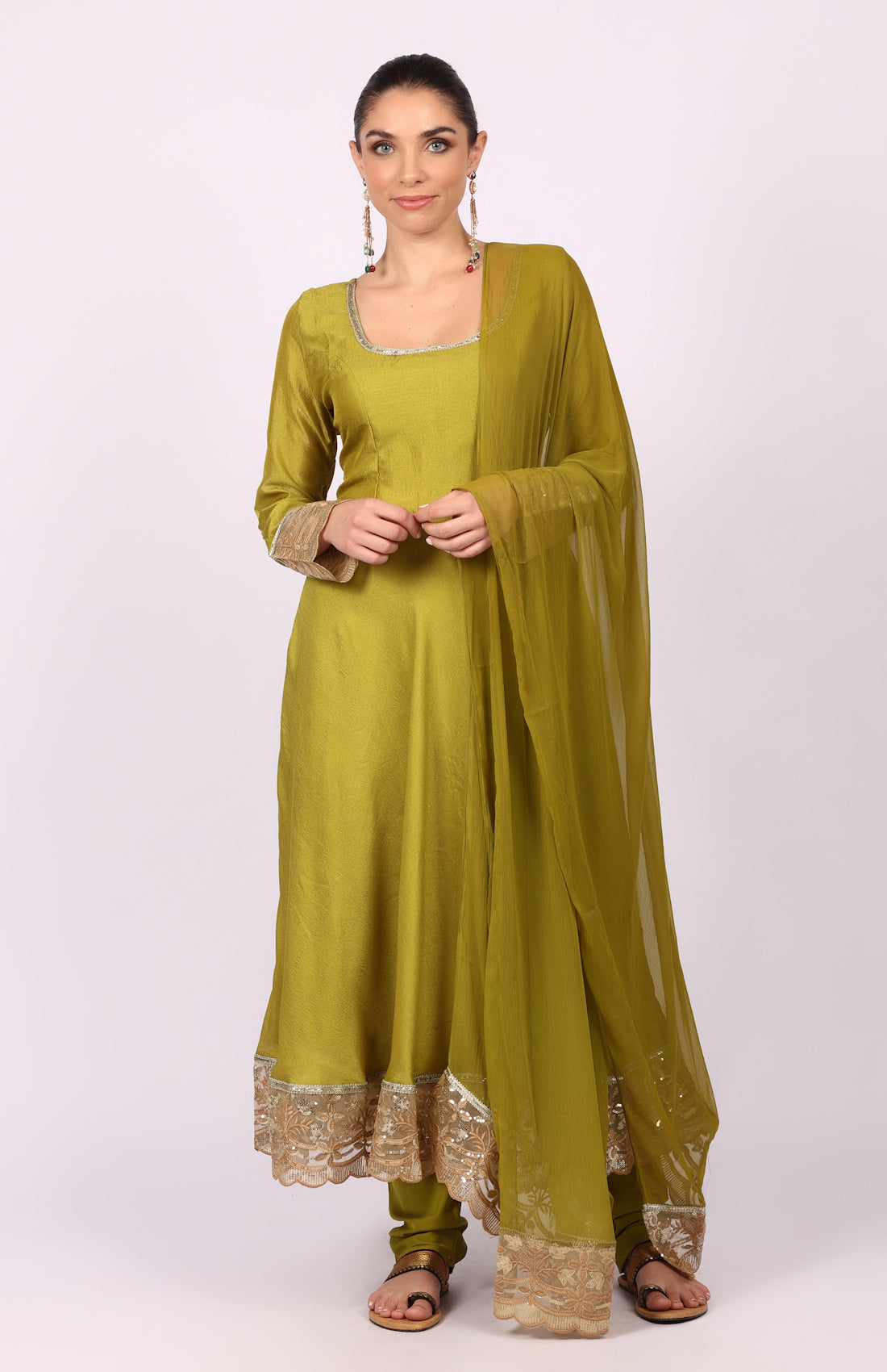 Mehendi Green Georgette Vichitra Bias Cut Suit Set