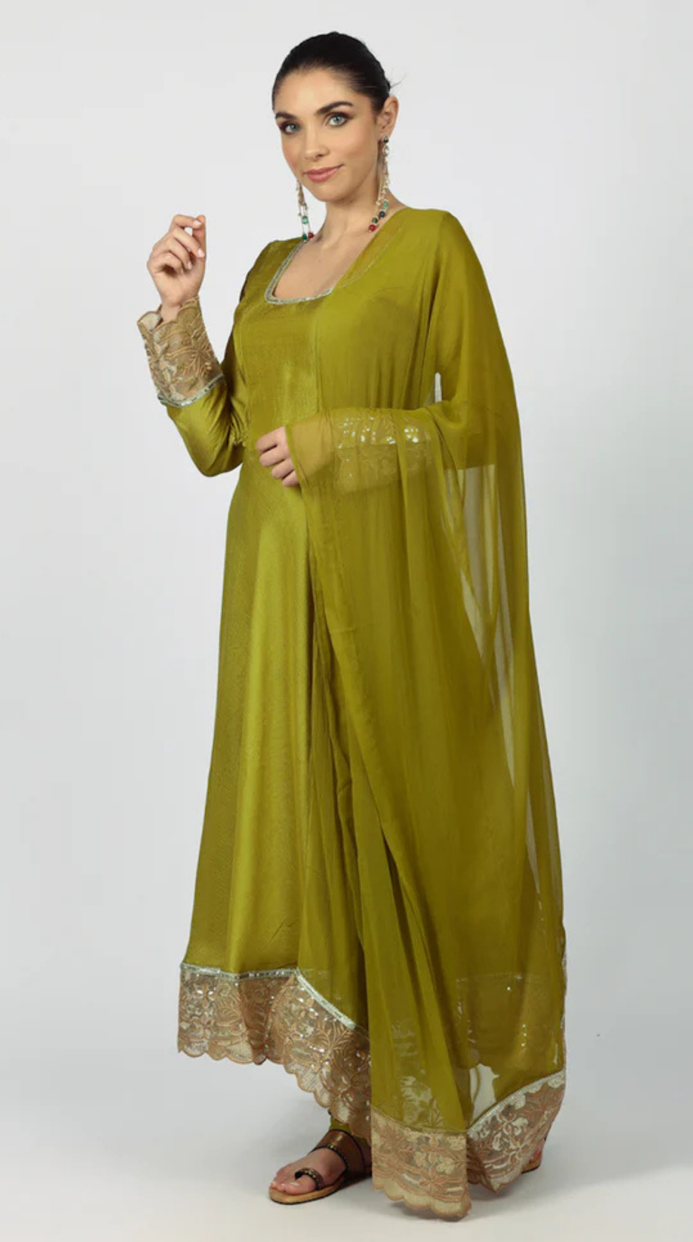 Mehendi Green Georgette Vichitra Bias Cut Suit Set