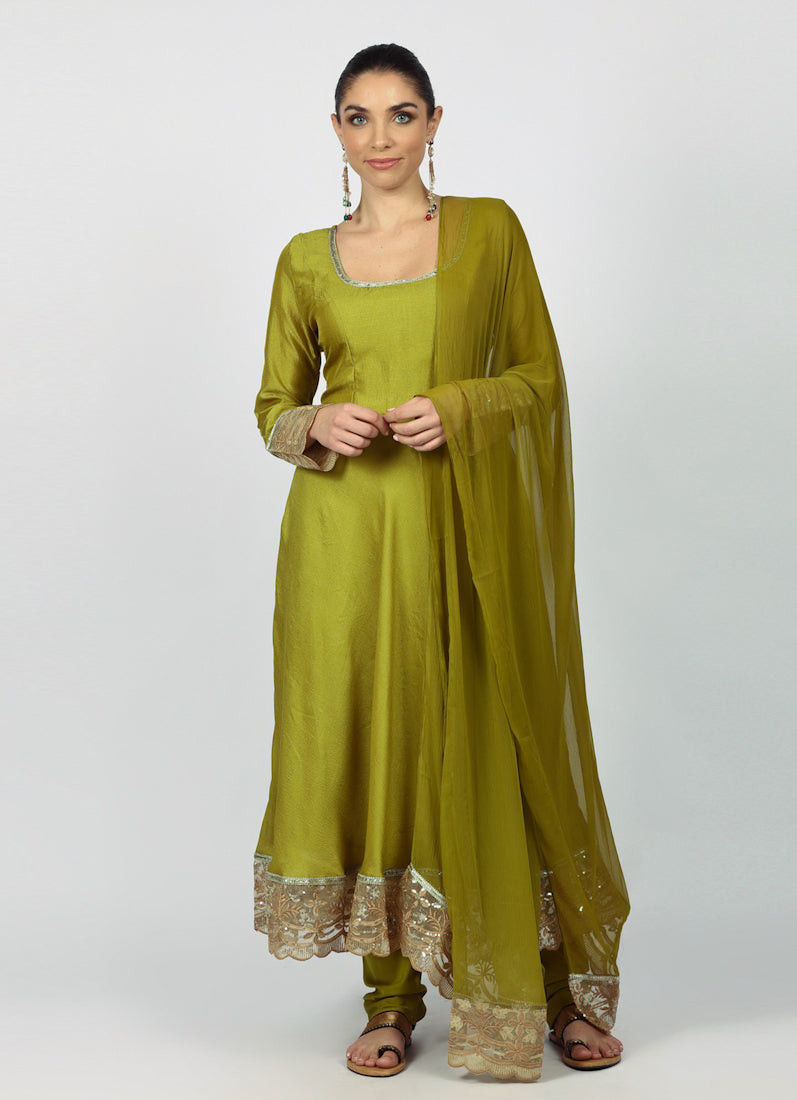 Mehendi Green Georgette Vichitra Bias Cut Suit Set