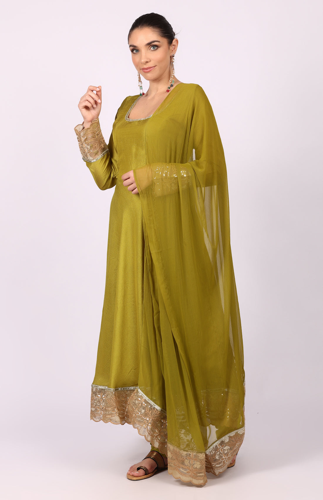 Mehendi Green Georgette Vichitra Bias Cut Suit Set